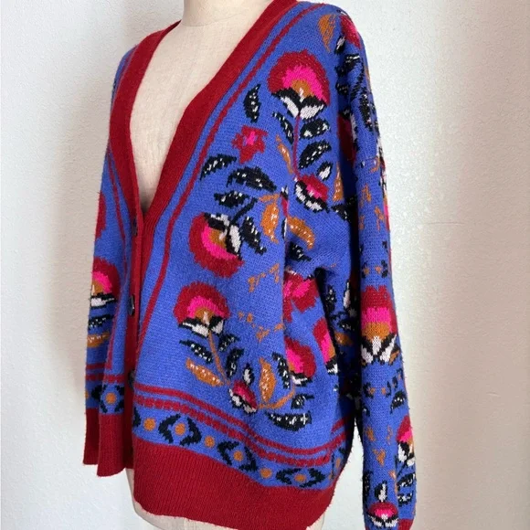 Farm Rio Knit Wool Blend Cardigan Palms Paradise Teal Floral Print Sweater S